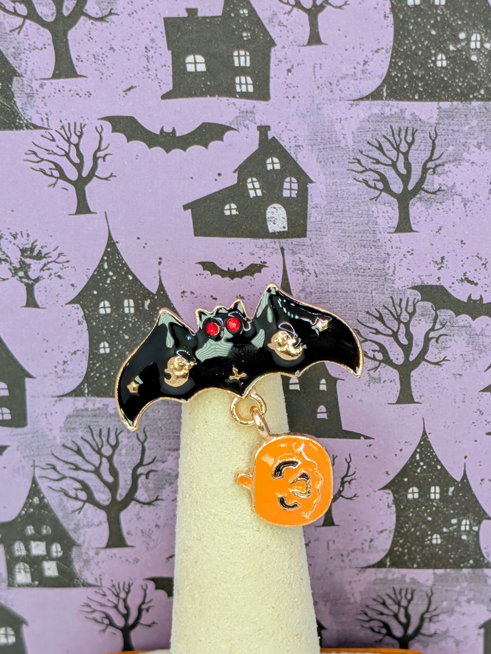 Black Bat Brooch with Orange Pumpkin Charm